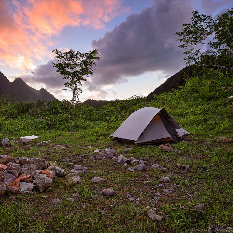 A cozy tent sits on a dirt campsite in Soufrière, surrounded by tall grass and smooth boulders. A clear stream winds through the camp, while a box of gear rests nearby. Soft sunset light and falling snow create a peaceful, magical mood.