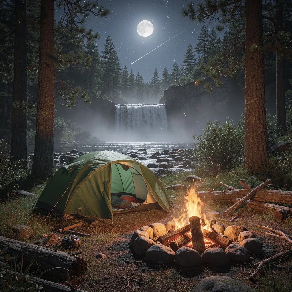 A cozy green tent sits in a quiet pine forest beside a rocky stream and a gentle waterfall. A small campfire glows warm and bright, lighting up the grass and trees. Mist from the falls floats in the moonlight, and the starry sky feels calm and magical.