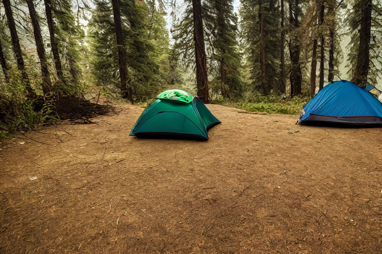 A cozy tent rests beside a warm campfire in Big Sur. Tall grass, camping chairs, and a large log surround the dirt campsite, while a gentle stream flows nearby under the cloudy night sky.