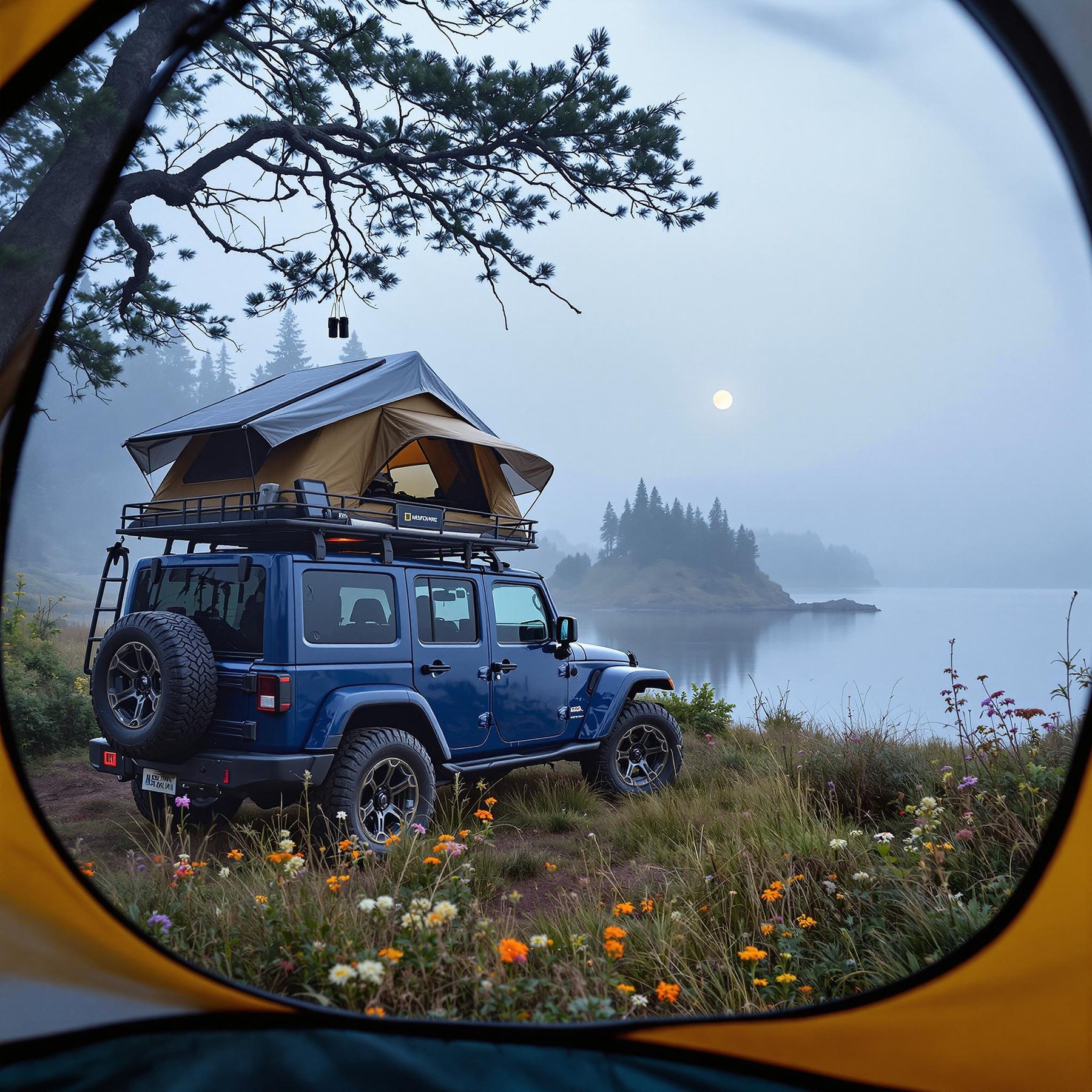 A cozy campsite sits by a peaceful lake, with a blue car and rooftop tent nestled among colorful wildflowers. The misty morning sets a magical, calm atmosphere as the full moon begins to fade. Tall trees stand guard around the serene water, perfect for a dreamy outdoor adventure.