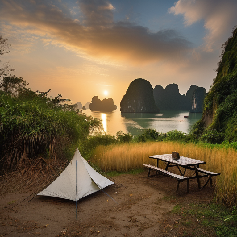 A cozy tent rests on a paved campsite in rainy Halong Bay as the sun rises. Tall grass, leafy bushes, and a picnic table surround a small dirt patch, creating a peaceful jungle retreat.