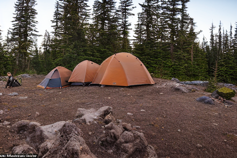 Two brown tents sit on a dirt clearing beside a quiet stream on Vancouver Island. A warm campfire glows through the cool fog, while hikers, surfers, and a distant flashlight move under the moonlit sky.