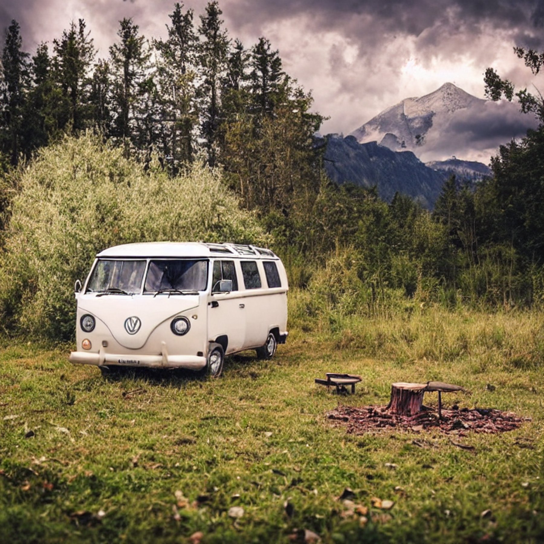 A white camper van rests in a forest clearing as a stormy sunset colors the sky. Fallen leaves and stones surround the dirt campsite, with a wooden guitar nearby. A mountain rises in the distance.