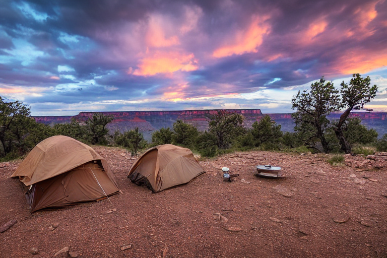 A brown tent rests on a paved campsite near the Grand Canyon as storm clouds glow in the sunset. Hikers explore nearby, while a wooden guitar sits on the grass beside a dusty patch of ground.