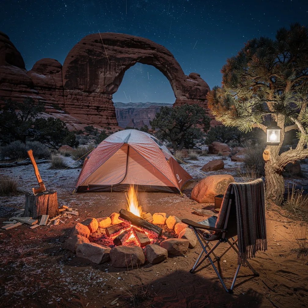 Under a cold, starry sky, a small tent sits on frosty sand in the red rocks of the desert. A stone fire ring glows bright and warm, lighting up nearby stones while the arches stand dark in the distance. A lantern hangs from a juniper branch, and a cozy chair with a wool blanket waits by the fire.