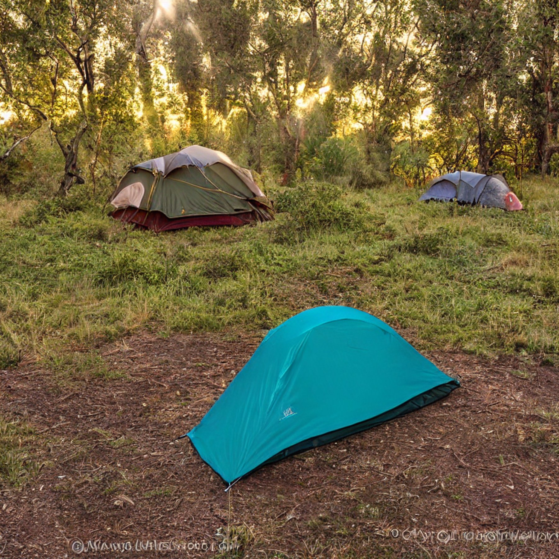 A teal tent rests in a quiet campsite at Capitol Reef National Park. A warm campfire, glowing lantern, and bright tent make the cloudy evening feel cozy. Leaves, a backpack, and red rock scenery surround the dirt clearing.