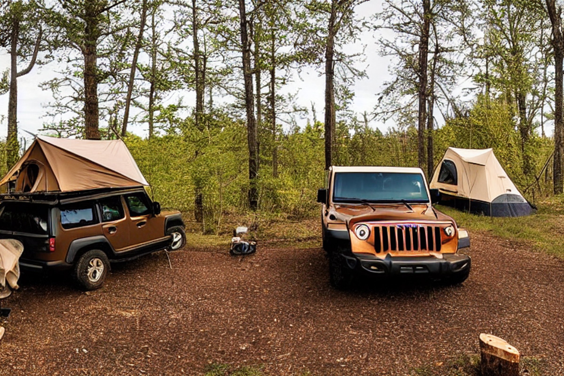 A brown Jeep with an open rooftop tent rests at a sunny campsite near a calm river. Rolling hills surround the campfire and logs, while a deer stands in the distance under the clear blue sky.