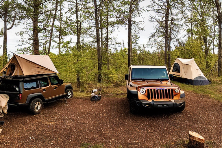 A brown Jeep with an open rooftop tent rests at a sunny campsite near a calm river. Rolling hills surround the campfire and logs, while a deer stands in the distance under the clear blue sky.