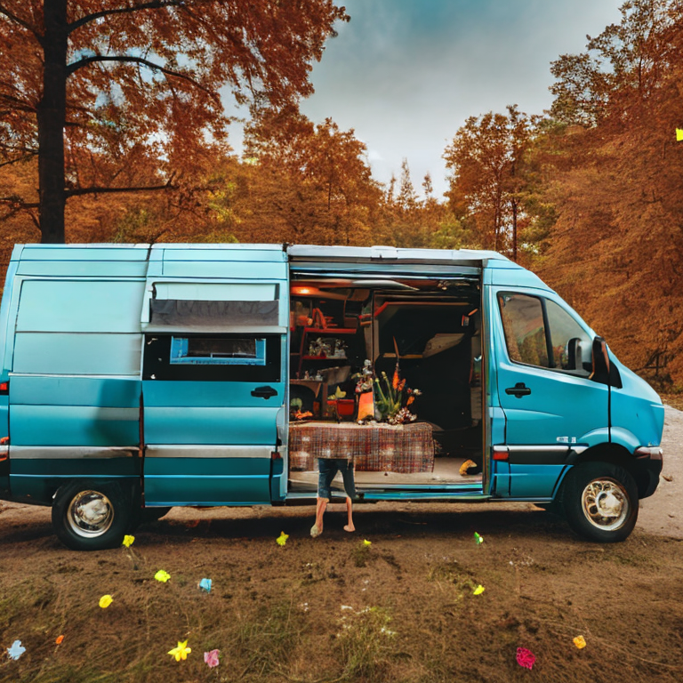 A teal camper van rests on a rainy campsite in an overgrown forest. Fall-colored trees, small flowers, and a clothesline add charm, while a distant flashlight glows through the dark woods.
