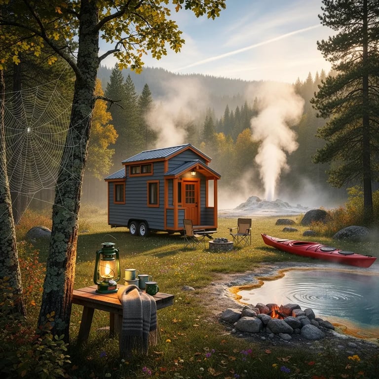 A cozy gray and orange tiny house on wheels sits in a quiet valley filled with steam from a gentle geyser. Tall grass and wildflowers surround a clear, steaming pond where a red kayak rests on the rocky shore. A glowing green lantern on a small table makes the campsite feel warm and safe. The golden autumn light and misty air make the whole scene look calm and magical.