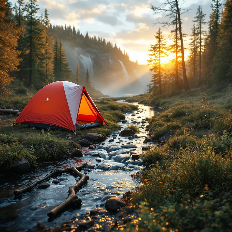 A red-and-white bivy sack rests near Niagara Falls in the soft glow of golden hour. Rain falls gently as a clear stream winds through the campsite, with a canoe waiting nearby. The scene shines in the reflection of a quiet lake.
