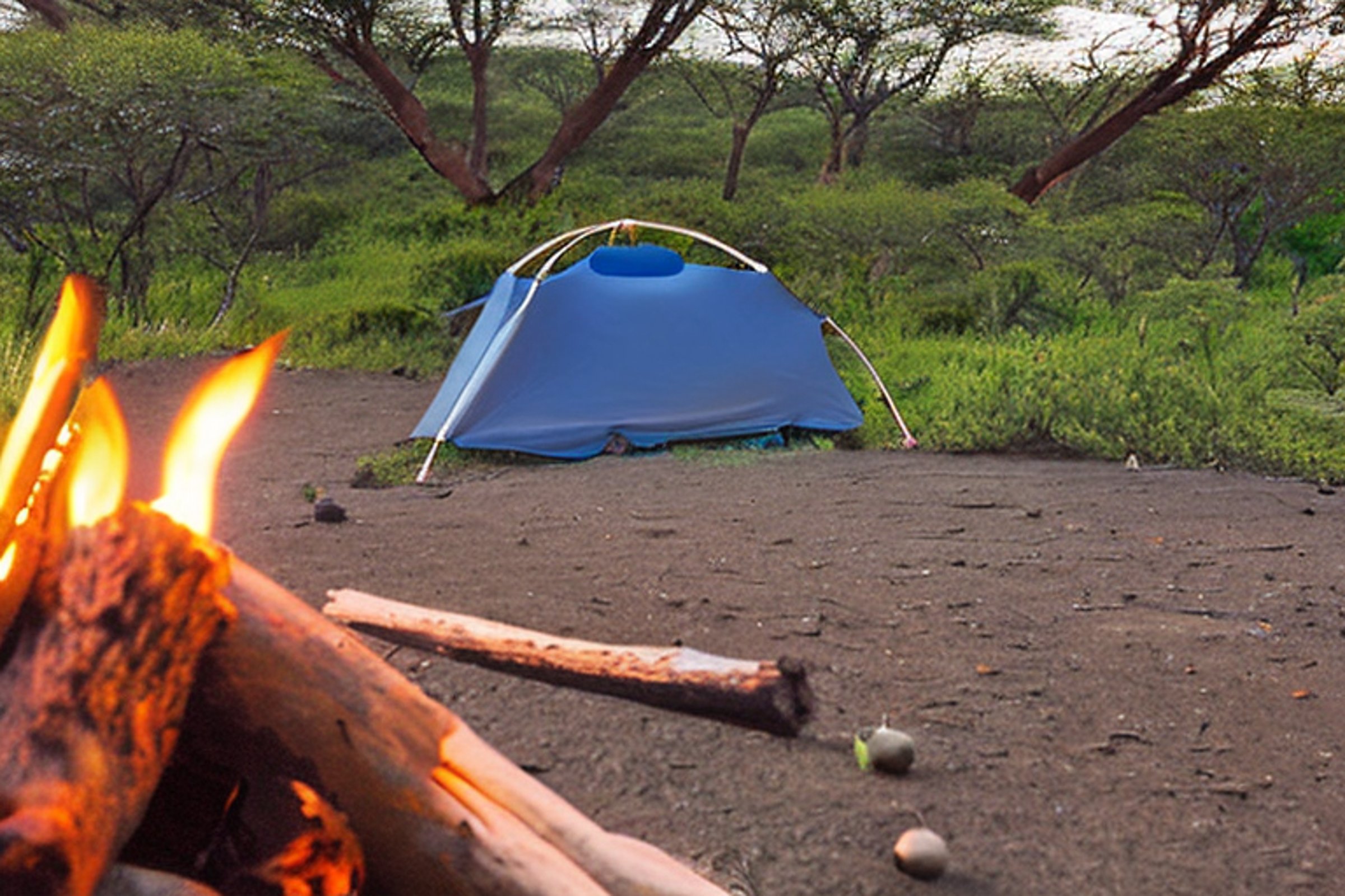 A bright blue tent rests on a rough, paved campsite in Hawaii. A warm campfire glows among the logs, while golden sunlight shines over berry bushes and rocky ground. In the distance, a person carries a flashlight beneath the clear sky.