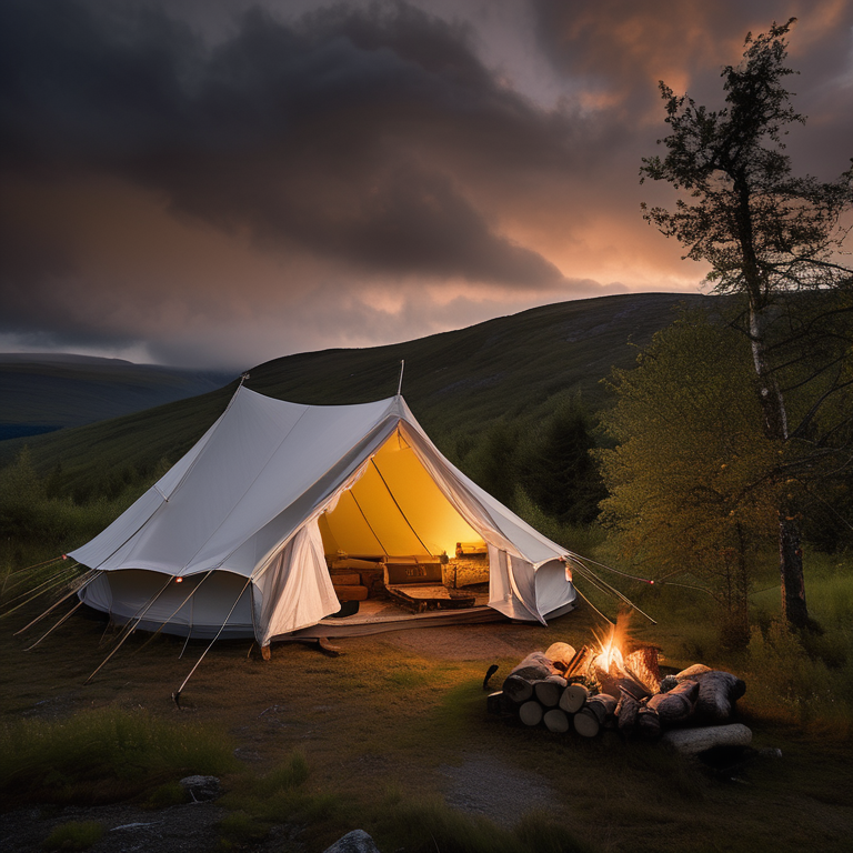 A white tent glows beside a warm campfire at dusk. Tall trees and thick bushes surround the dirt campsite, with rolling hills stretching into the stormy Norwegian sky.