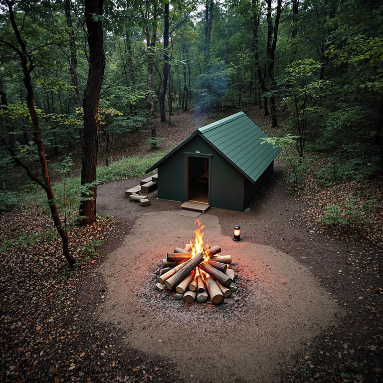 A green lean-to shelter rests among small trees in Shenandoah National Park. Logs circle a campfire on the dirt, with a lantern nearby. Partly cloudy skies create a peaceful midday mood.