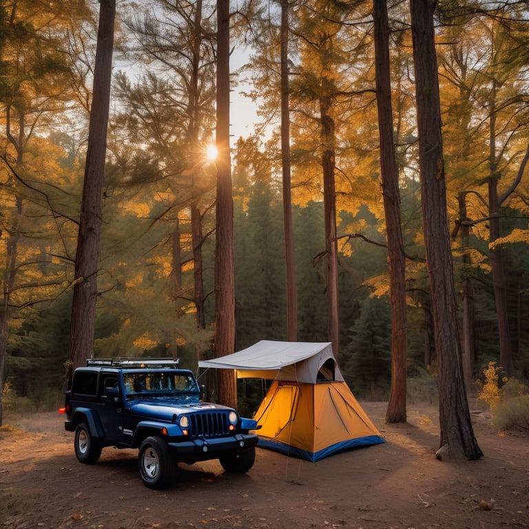 A navy blue Jeep with an open rooftop tent rests among colorful autumn trees. Golden light warms the forest, while a campsite sign, a delicate spider web, and the rising moon add a dreamy touch.
