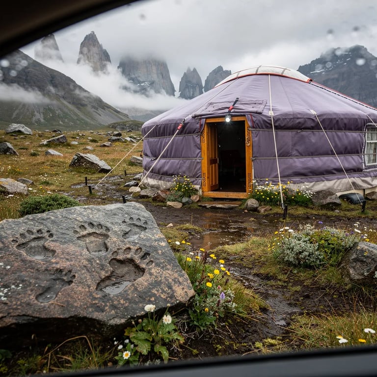 A purple yurt sits in a rocky meadow filled with tiny wildflowers and wet grass after the rain. Mist drifts between tall granite mountains, making the whole place feel quiet and wild. Raindrops on the window sparkle in the soft gray light, and a small headlamp hangs by the yurt door. Nearby, a flat rock shows old footprints pressed into stone.