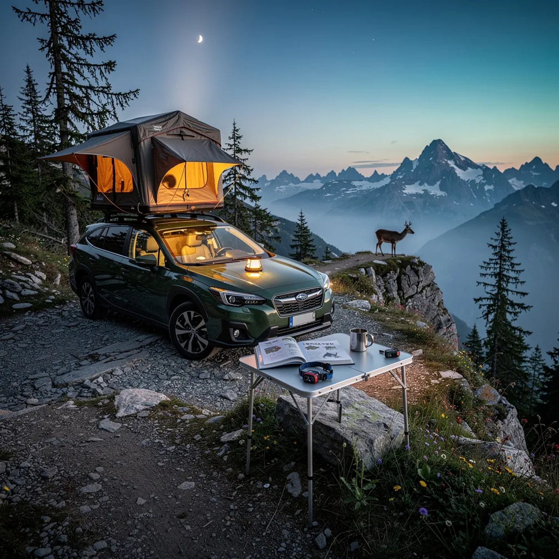 A quiet alpine campsite sits on a rocky ledge in the Swiss Alps as blue twilight settles in. A green SUV with a rooftop tent glows warmly, with a little table and an open book beside it. Tall peaks fade into the haze, and a thin crescent moon hangs above the trees. Far off, a lone deer stands near the treeline, watching the night come.