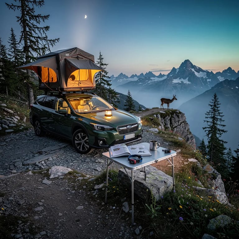 A quiet alpine campsite sits on a rocky ledge in the Swiss Alps as blue twilight settles in. A green SUV with a rooftop tent glows warmly, with a little table and an open book beside it. Tall peaks fade into the haze, and a thin crescent moon hangs above the trees. Far off, a lone deer stands near the treeline, watching the night come.