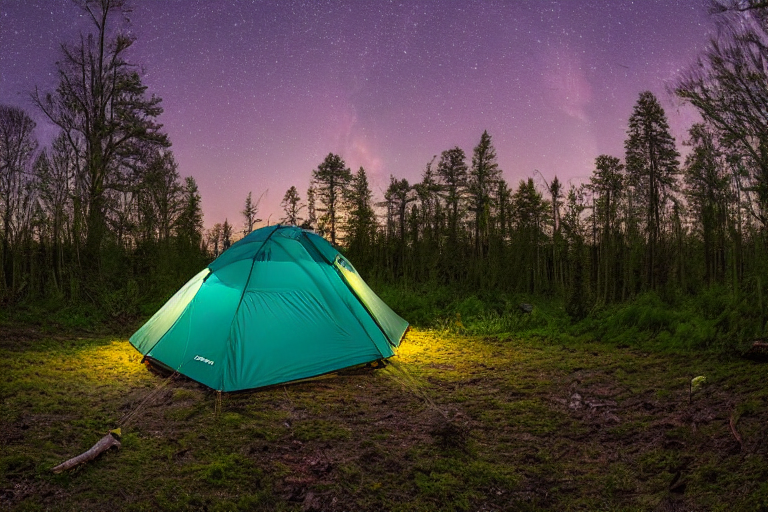 A teal tent rests on a dirt clearing in a mossy forest as the sun sets under cloudy skies. Its cozy inside glows with flashlight, while a deer stands quietly in the distance.