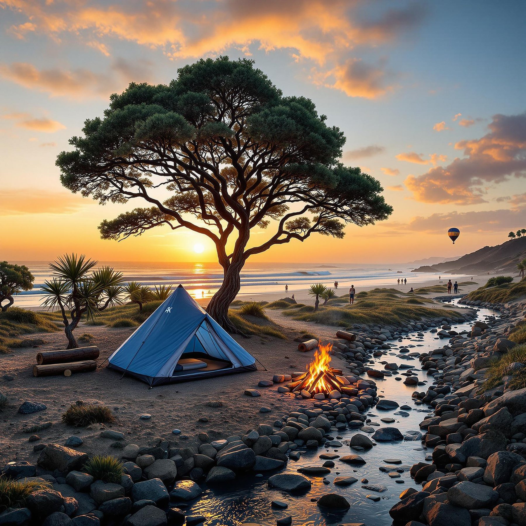 Cozy by a crackling campfire, the blue tent sits near a gentle stream under a tall, spreading tree. The sun dips into the ocean, painting the sky orange and purple. A hot air balloon floats by, adding magic to the evening glow.