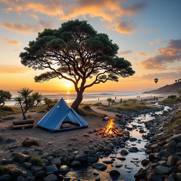 Cozy by a crackling campfire, the blue tent sits near a gentle stream under a tall, spreading tree. The sun dips into the ocean, painting the sky orange and purple. A hot air balloon floats by, adding magic to the evening glow.
