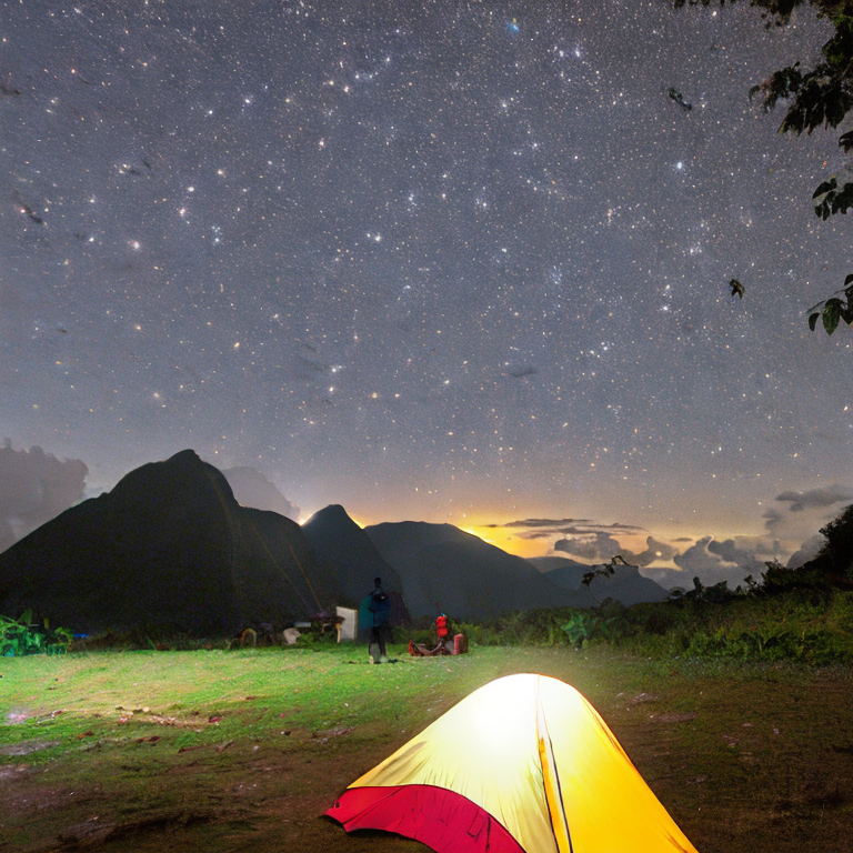 A colorful tent rests on a quiet dirt patch beneath a starry, rainy sky in Soufrière, St. Lucia. Mountains rise in the distance, while a lantern glows nearby and a deer watches from the shadows.