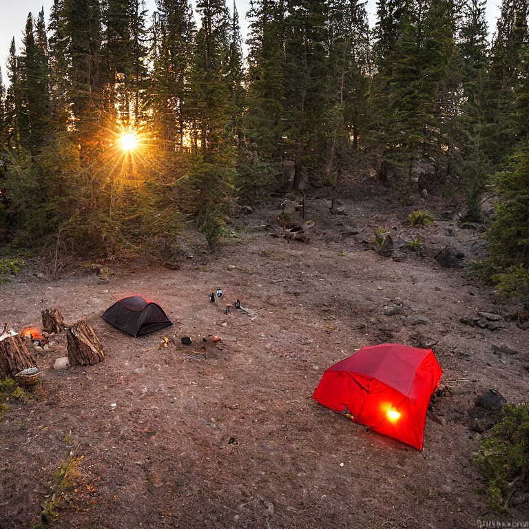 A red tent rests on a sunny dirt clearing along the California coast. Hikers gather near a stone-ringed campfire, while a backpack lies nearby and a distant camper shines a flashlight. Golden light warms the peaceful campsite.