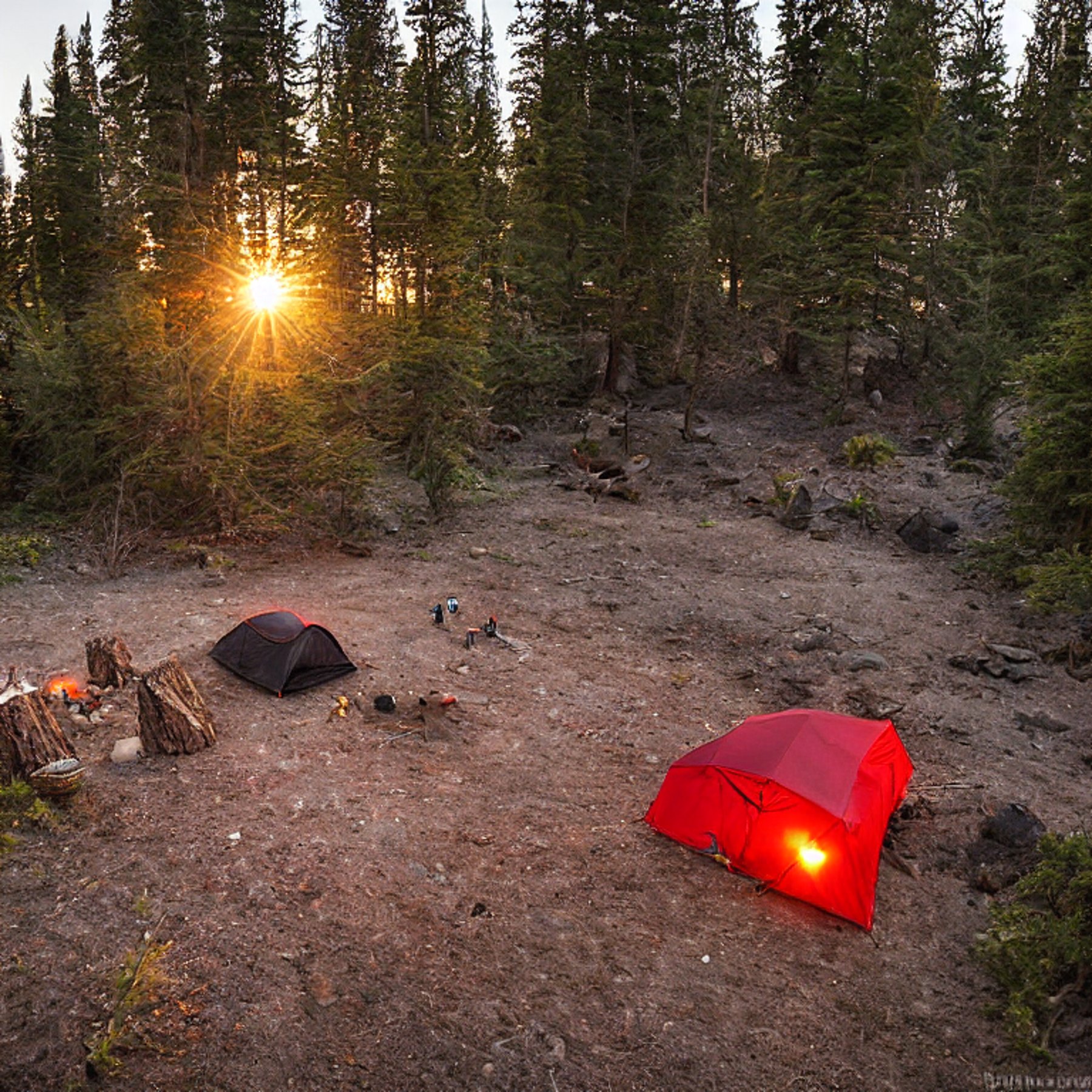 A red tent rests on a sunny dirt clearing along the California coast. Hikers gather near a stone-ringed campfire, while a backpack lies nearby and a distant camper shines a flashlight. Golden light warms the peaceful campsite.