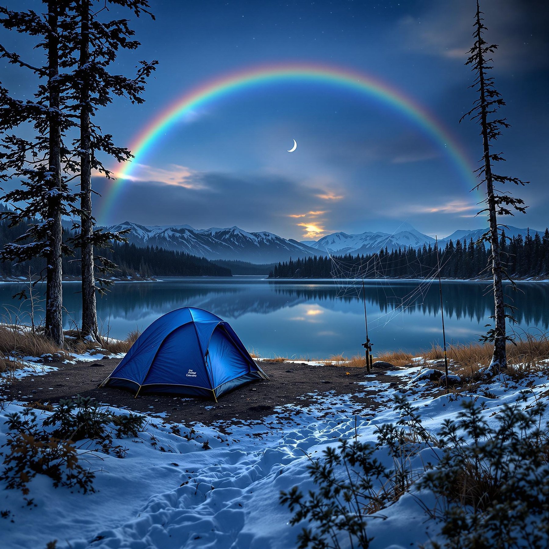 A blue tent rests beside a quiet lake under a crescent moon. A dirt path leads through the trees, where a fishing rod and a delicate spider web wait nearby. Wind moves through the campsite as a bright double rainbow stretches across the sky.