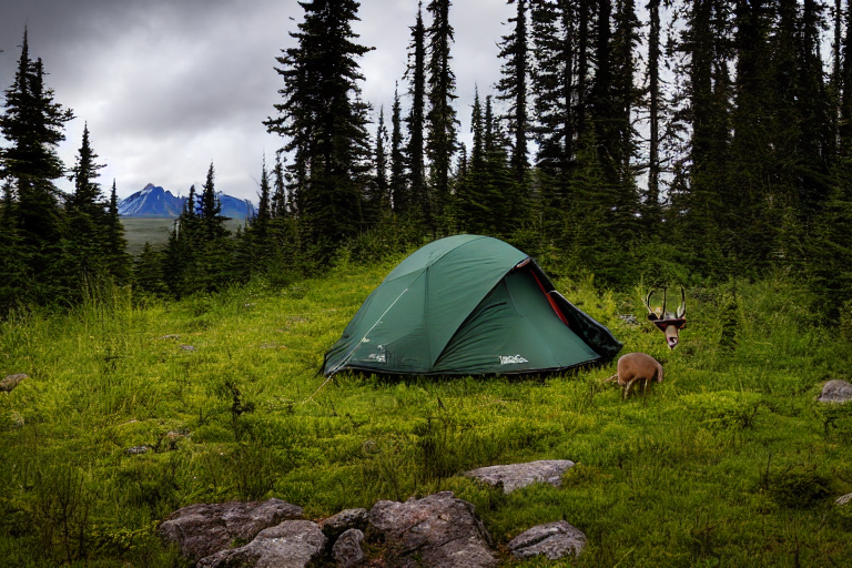 A forest-green tent rests on a dirt clearing in the wild Alaskan woods. Tall grass, a winding hiking path, and a large rock surround the campsite under cloudy night skies. In the distance, a deer and a person with a flashlight add a quiet sense of adventure.