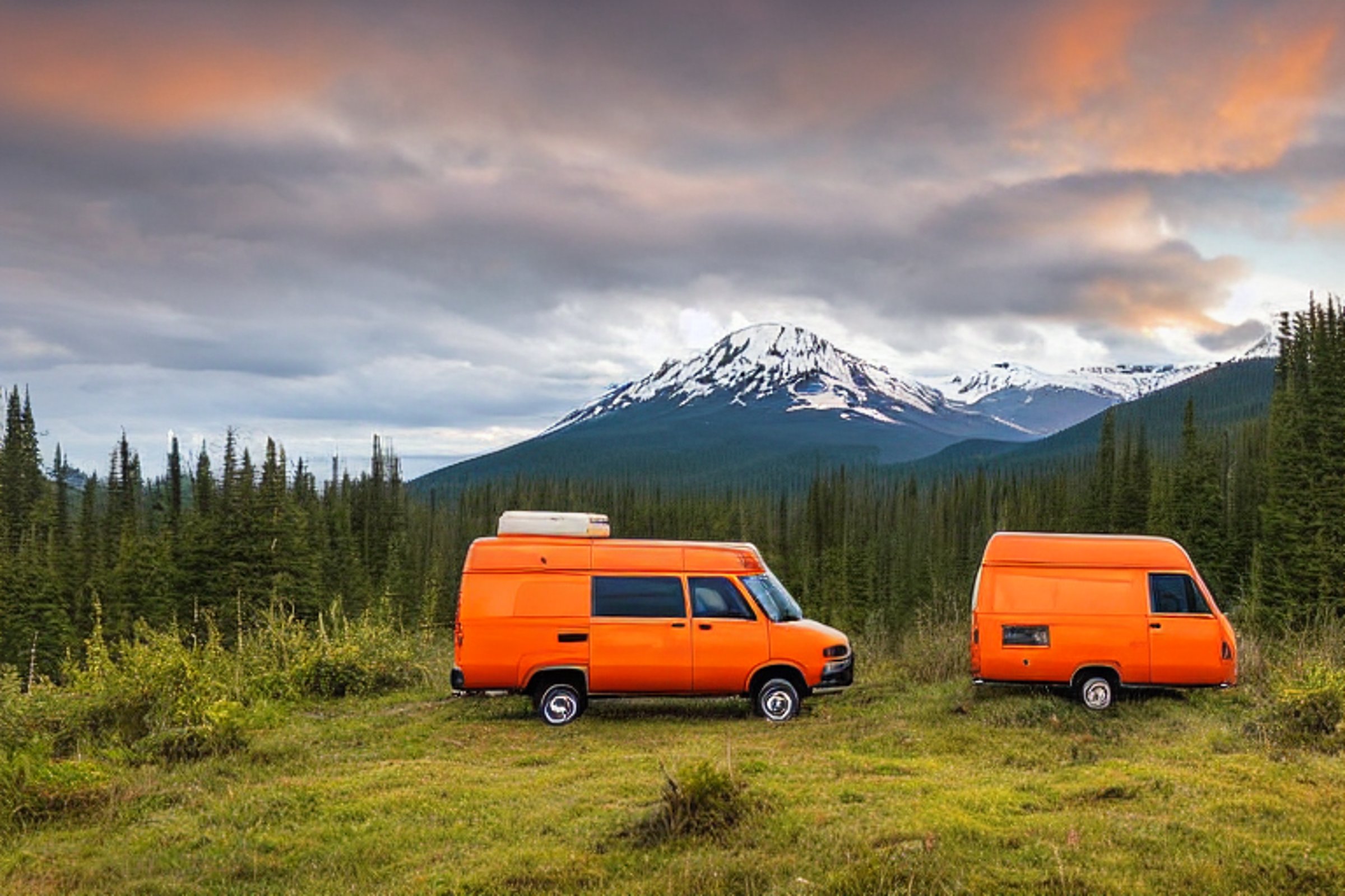 Three bright orange vans rest on a paved campsite in the wild Alaska hills. Ferns and tall grass surround a stone-ringed campfire as the cloudy sunset fills the sky with soft light.