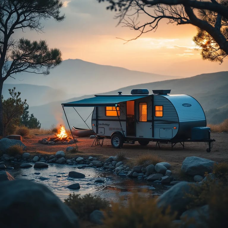 A gray-blue camper rests in a wide desert beneath a soft, misty sunset. A small stream winds through the campsite, with a canoe nearby and a stone-ringed fire pit ready for warmth. Rolling hills and tall trees frame this peaceful outdoor retreat.