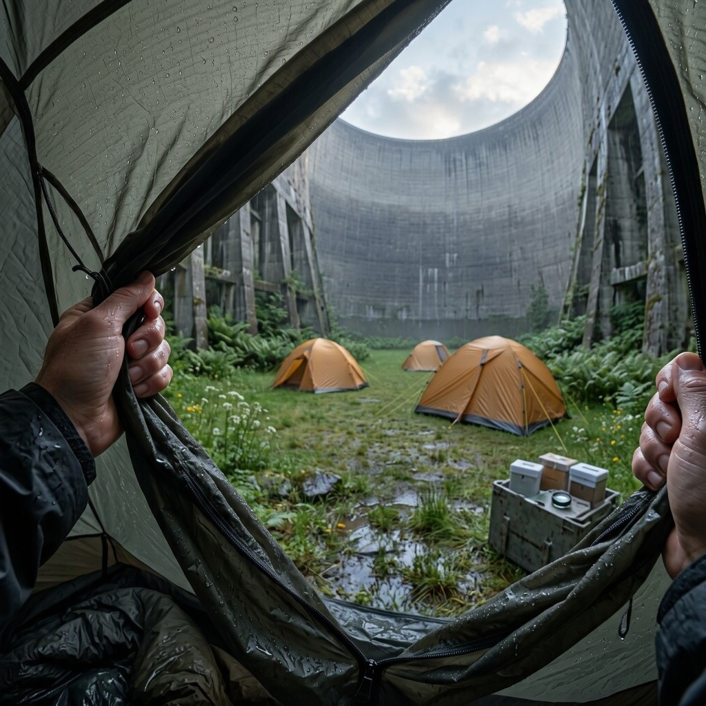 From inside a tent, three orange tents sit beneath a concrete cooling tower. Rainwater pools on the grass beside a crate of gear.