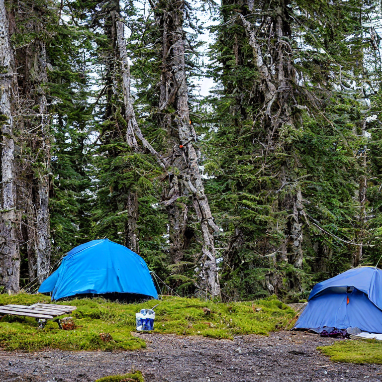 A blue tent rests on a dirt clearing beneath moss-covered trees on Vancouver Island. A small campfire, picnic table, and clothesline add a cozy touch, while soft clouds drift past a pale moon.