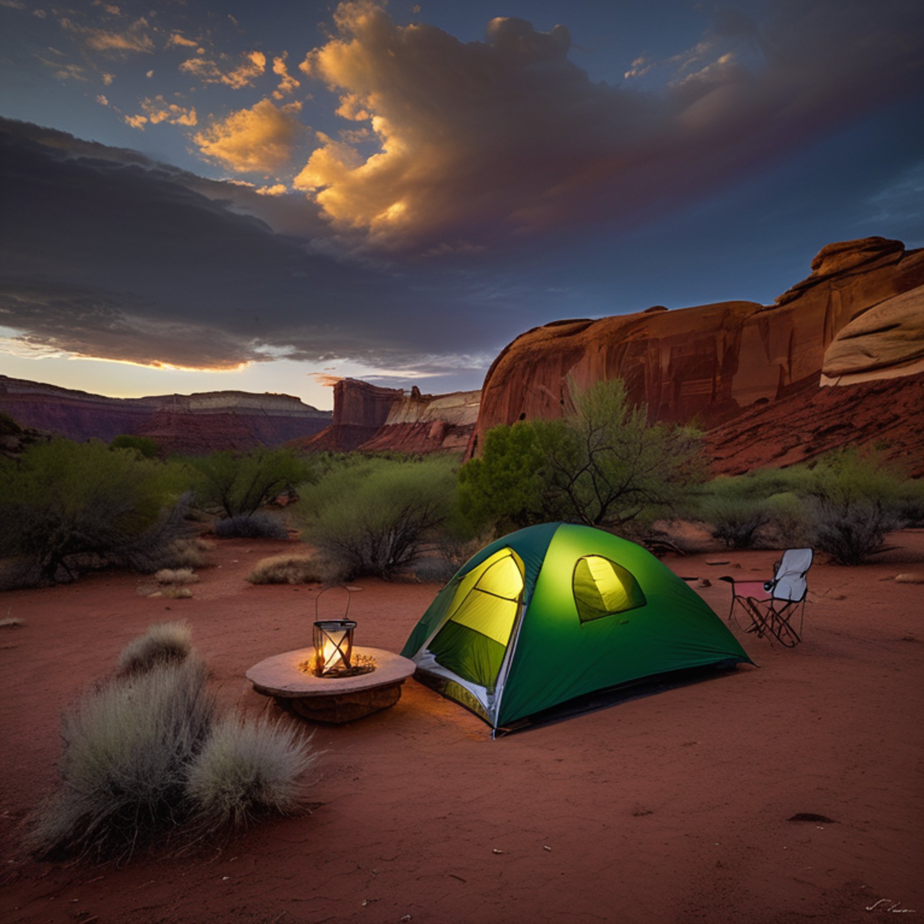 A forest-green tent rests on a paved campsite in Capitol Reef National Park. Rainy morning light shines through the tall grass, while camping chairs and a glowing lantern sit nearby. A pale moon hangs over the distant red cliffs.