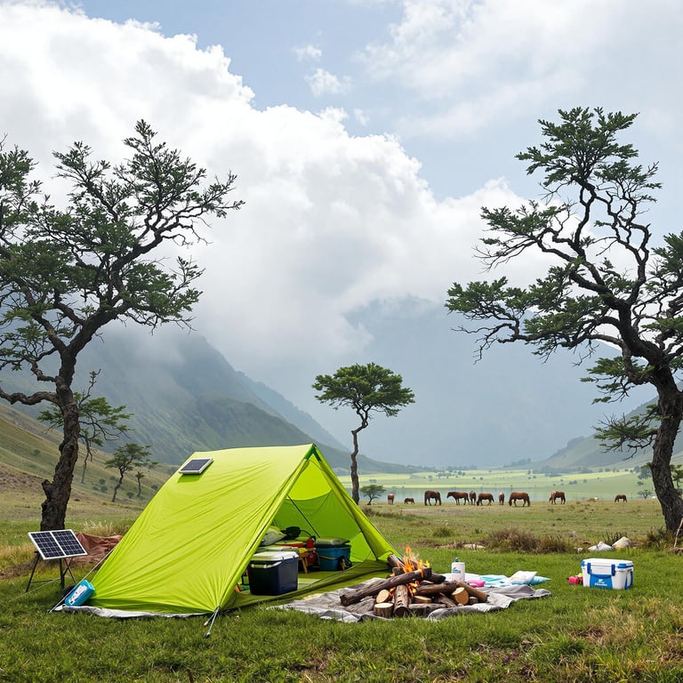 A bright lime-green tent rests in a flower-filled valley beneath a cloudy sky. Nearby, a campfire, cooler, and solar panel make the campsite feel cozy and ready for adventure. Wild horses graze in the distance while birds nest in a nearby tree.