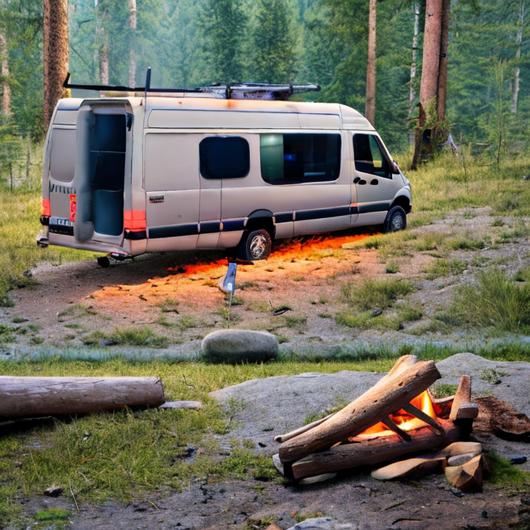 A tan camper van rests on a quiet dirt campsite in rainy Norway. A small campfire glows among the stones, with a lantern nearby, while boulders and a picnic table complete the peaceful scene.