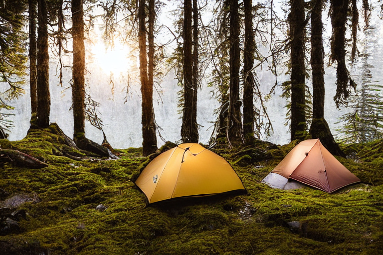 A tan tent rests among mossy trees in the snowy Alaska wilderness. Nearby, a stream winds past camping chairs and a warm campfire glowing with tiny silhouettes. Golden-hour light gives the peaceful campsite a magical feel.
