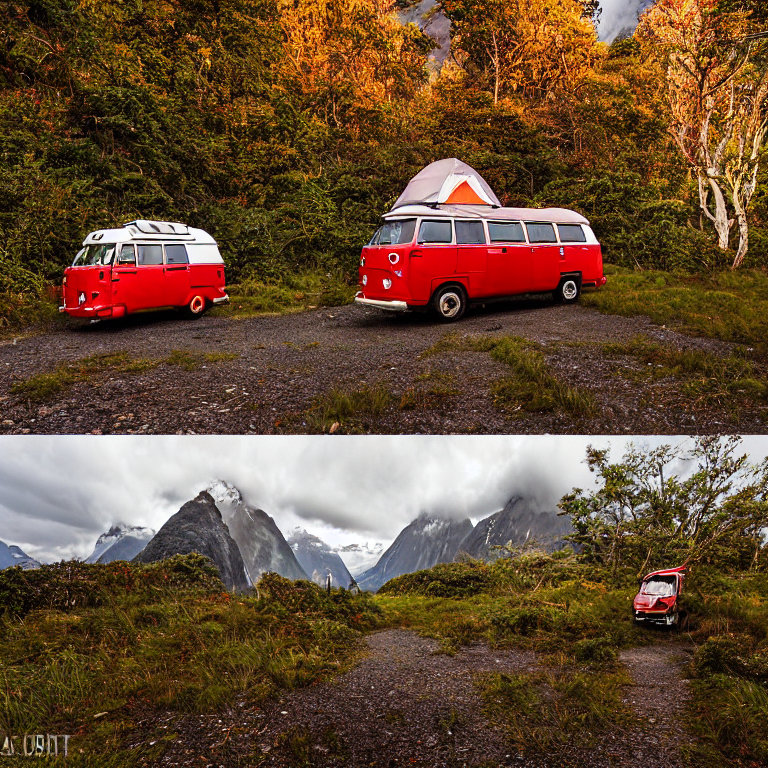 A red and white campervan rests at a quiet campsite beneath a star-filled sky. Fall-colored trees surround the dirt clearing, while a nearby tent glows with warm light. Camping gear and a backpack sit ready for adventure.