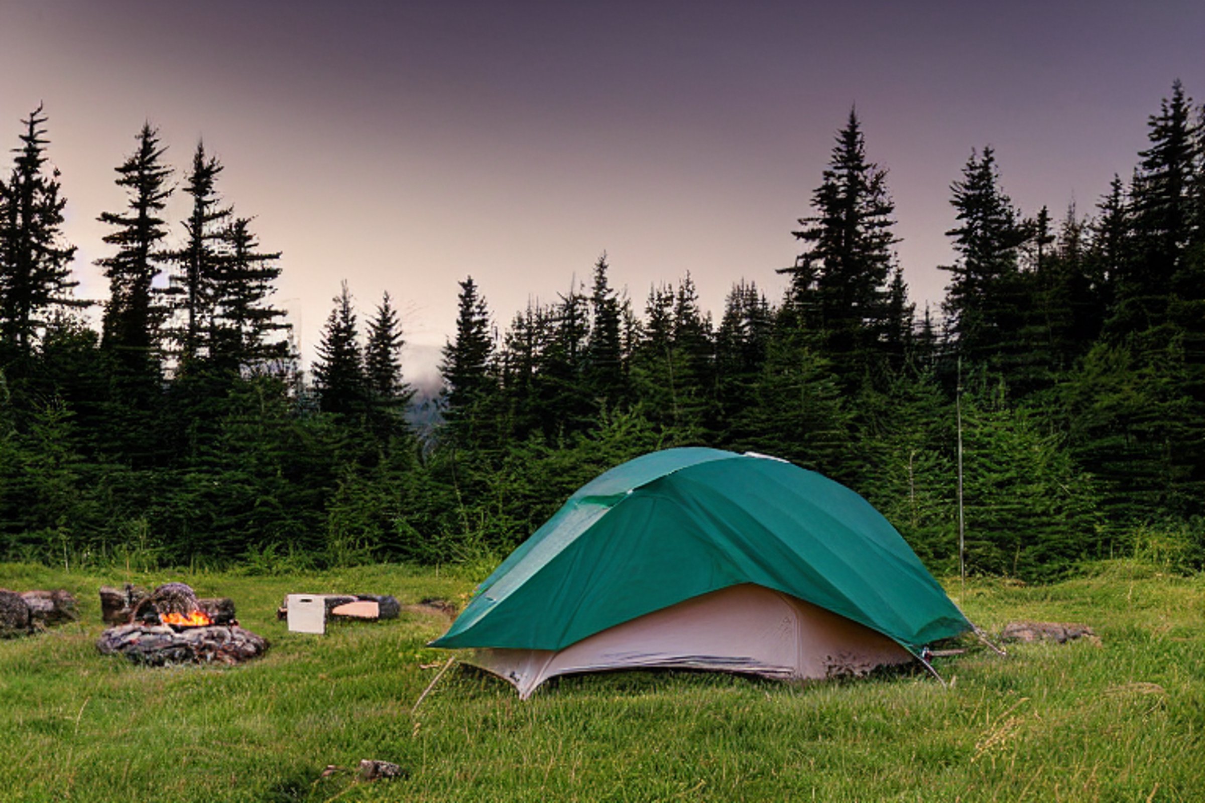 A forest-green tent rests on a paved campsite along the foggy coast of Maine. Waves roll nearby as hikers explore the overgrown grass, with a mountain rising in the misty background. Wooden twigs and a dirt patch add a wild, peaceful feel.