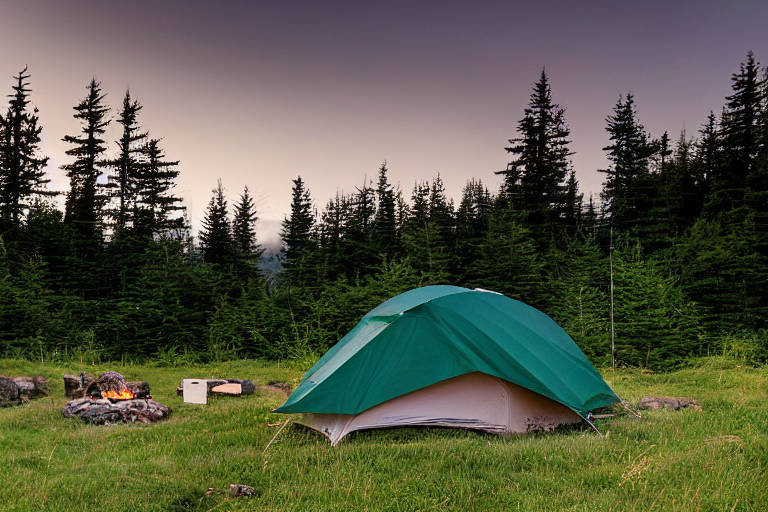 A forest-green tent rests on a paved campsite along the foggy coast of Maine. Waves roll nearby as hikers explore the overgrown grass, with a mountain rising in the misty background. Wooden twigs and a dirt patch add a wild, peaceful feel.