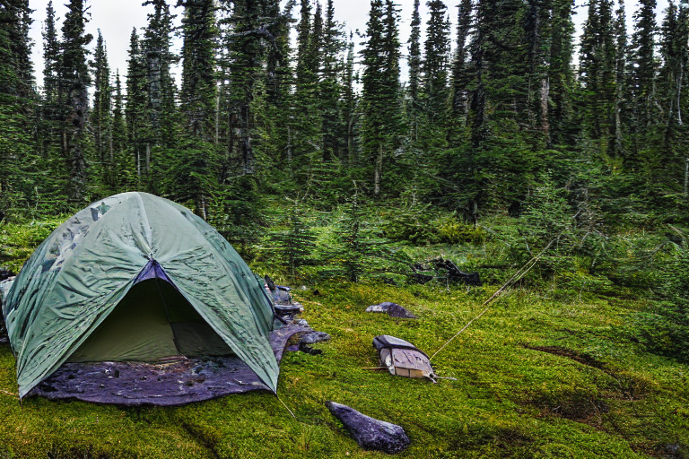 A green camo tent rests beside a warm campfire in the rainy Alaska wilderness. Mossy trees, stone slabs, and berry bushes surround the muddy campsite, while bright northern lights glow overhead. A deer stands quietly in the distance.