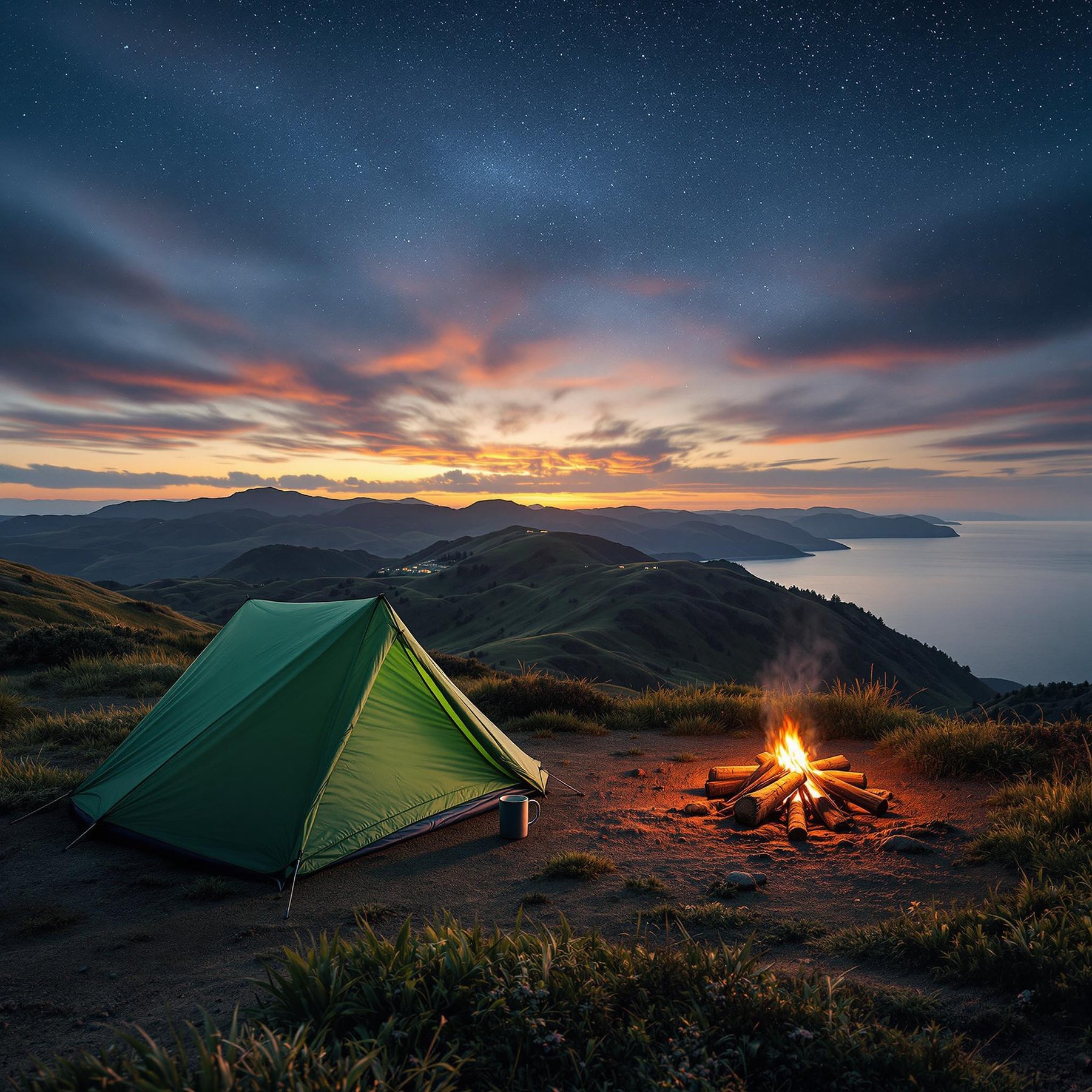 A cozy green tent sits on a grassy hill, overlooking the ocean as the sun sets in a colorful sky. Stars begin to twinkle above while a warm campfire crackles nearby. This peaceful spot feels like a dreamy escape into nature.