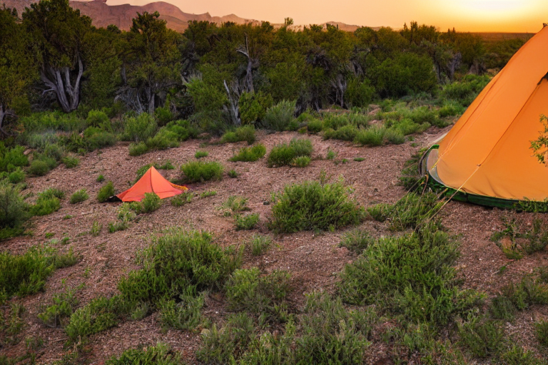 A green tent rests beside a warm campfire in the New Mexico desert. Tall trees, bright flowers, berry bushes, and rocky patches surround the site as storm clouds glow in the setting sun.