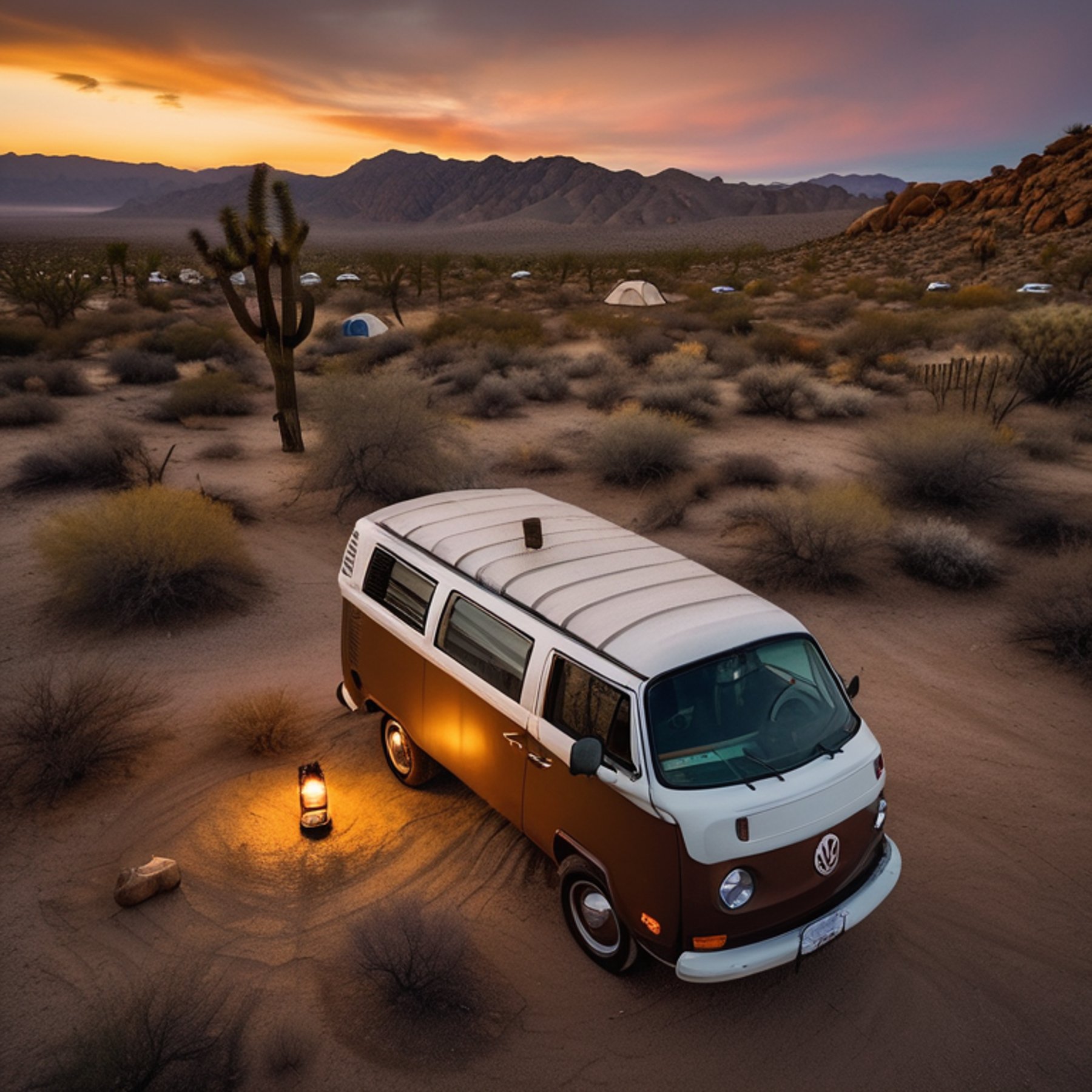 A brown campervan rests on a dirt campsite in Joshua Tree as rain falls beneath a glowing sunset. Rolling hills stretch into the distance, with a small lantern by the van and a deer nearby.