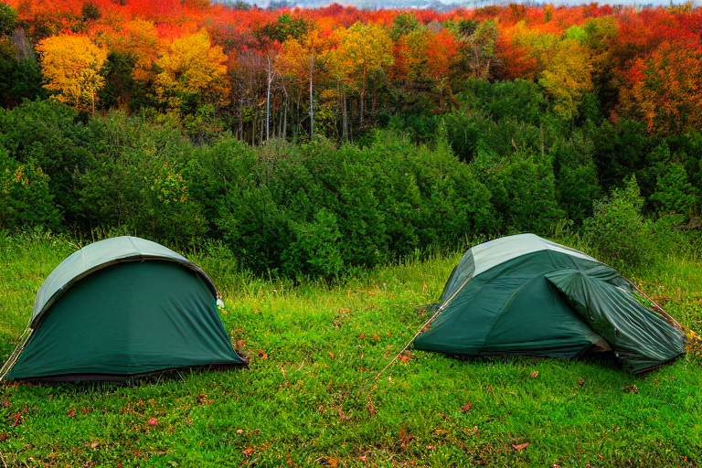 A green tent rests on a paved campsite surrounded by tall grass. Fall-colored trees cover the rolling hills, while a dirt path leads through the peaceful North Shore landscape. Soft sunrise light shines beneath the cloudy sky.