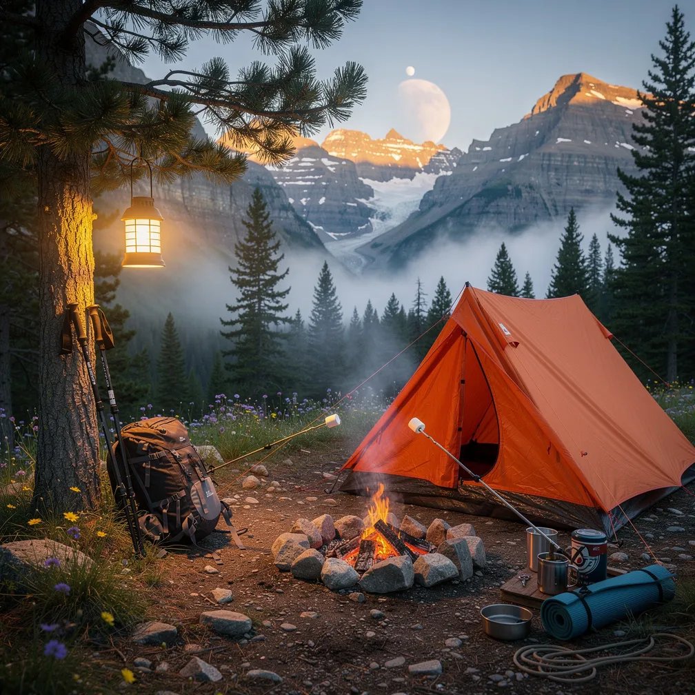An orange tent sits in a quiet pine clearing on rocky ground with a few tiny wildflowers. A small campfire crackles as thin smoke drifts up, and marshmallows warm over the glowing coals. Soft fog slides between the trees while distant mountains fade into the blue evening. A lantern hangs from a low branch, and neat gear rests nearby under a dim, eclipsed moon.