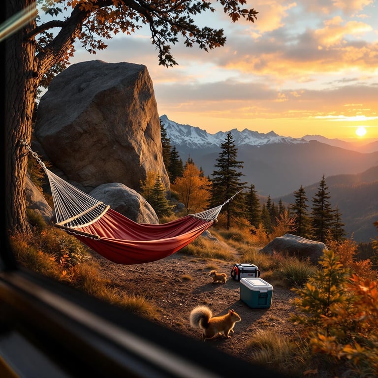 A cozy brown hammock rests on a mountain campsite as the sun sets over bright fall trees. A squirrel darts past a tent and cooler beside a large rock, while a gentle breeze rustles the leaves.