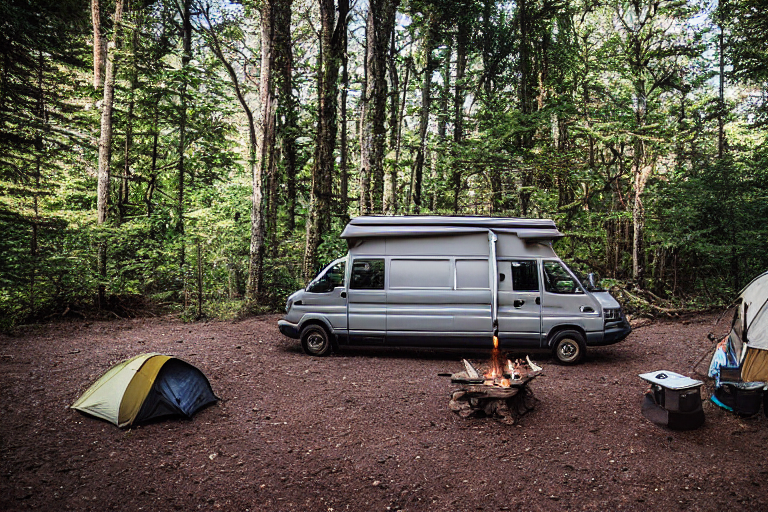 A brown camper van rests at a peaceful campsite in the Smoky Mountains. Golden sunset light shines over the rolling hills, while a campfire, lantern, cooler, and camping gear make the spot feel warm and ready for adventure.