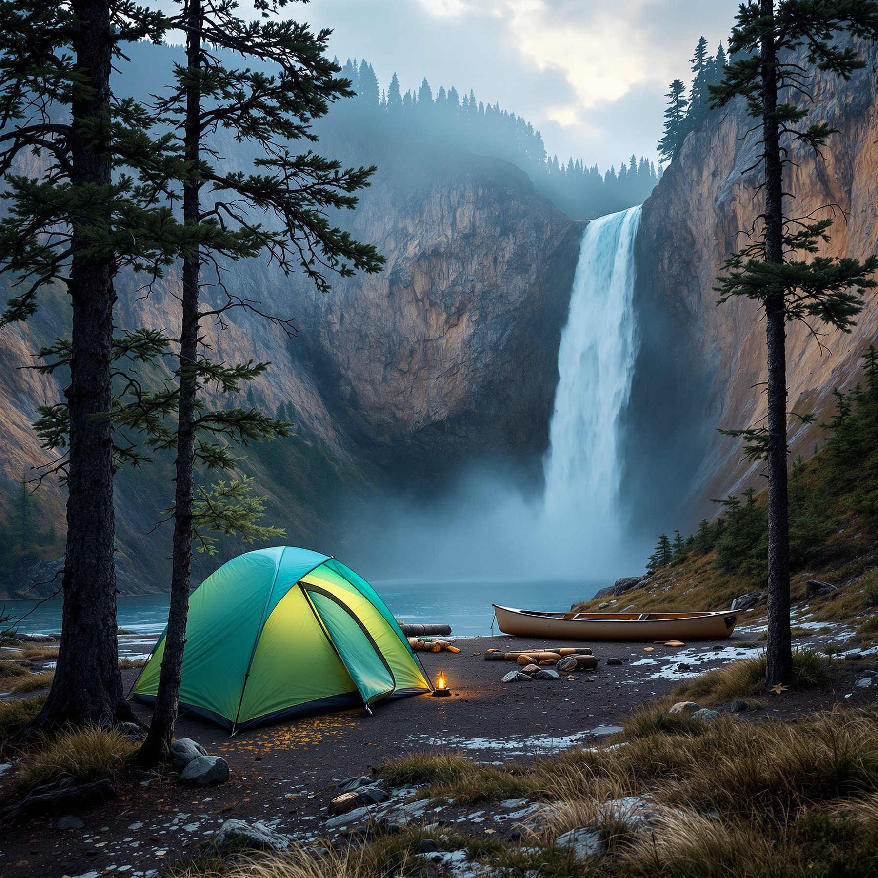 A bright tent sits by a peaceful river, with a tall, roaring waterfall in the background. Pine trees surround the campsite, and a canoe waits by the shore. You can feel the fresh air and hear the splash of water all around.